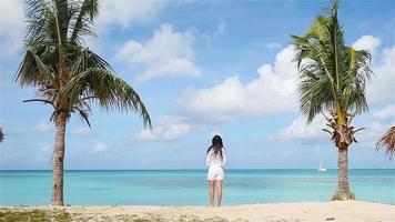mujer hermosa joven en la costa tropical. chica feliz de fondo el cielo azul y el agua turquesa en el mar en la isla caribeña. video
