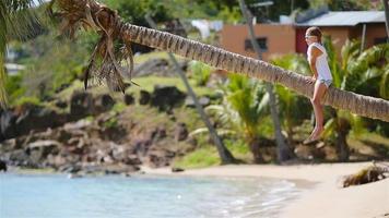 vista posteriore della bambina adorabile alla spiaggia tropicale che si siede sulla palma durante le vacanze estive video