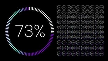 conjunto de medidores de porcentaje de círculo de 0 a 100 para infografía, diseño de interfaz de usuario ui. gráfico circular degradado descargando el progreso de púrpura a azul en fondo negro. vector de diagrama de círculo.