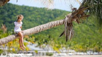 menina na praia tropical sentado na palmeira e se divertindo muito. garoto de férias no Caribe na ilha de antigua