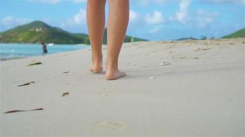 Close up female feet walking barefoot on sea shore at sunset. Slow Motion. video