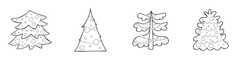 un conjunto de árboles de navidad dibujados a mano. ilustración vectorial en estilo garabato. estado de ánimo de invierno. hola 2023. feliz navidad y próspero año nuevo. elementos negros y grises sobre un fondo blanco. vector