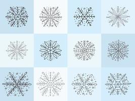 A set of hand-drawn snowflakes. Vector illustration in doodle style. Winter mood. Hello 2023. Merry Christmas and Happy New Year. Blue and gray elements on a light blue background.