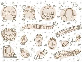 A set of hand-drawn winter clothing. Vector illustration in doodle style. Winter mood. Hello 2023. Merry Christmas and Happy New Year. Brown elements on a white background.