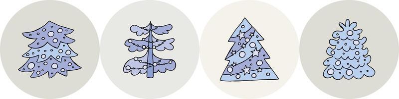 A hand-drawn christmas tree. Vector illustration in doodle style. Winter mood. Hello 2023. Merry Christmas and Happy New Year. Blue trees with a toys on a gray background.