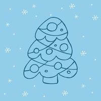 A hand-drawn christmas tree. Vector illustration in doodle style. Winter mood. Hello 2023. Merry Christmas and Happy New Year. Dark blue element with a white snowflakes on a blue background.