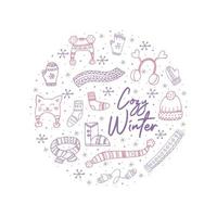 A set of hand-drawn winter clothing. Vector illustration in doodle style. Winter mood. Hello 2023. Merry Christmas and Happy New Year. Pink and violet elements in the shape of a circle.