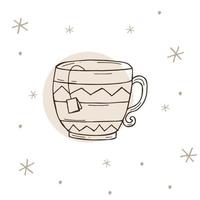 Cup of tea with a snowflakes on a white and brown background. Vector illustration in doodle style. Winter mood. Hello 2023. Merry Christmas and Happy New Year.