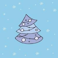 A hand-drawn christmas tree. Colored vector illustration in doodle style. Winter mood. Hello 2023. Merry Christmas and Happy New Year. Blue tree with toys on a background with a snowflakes.