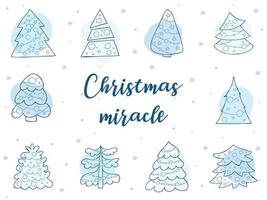 A set of hand-drawn christmas trees. Vector illustration in doodle style. Winter mood. Hello 2023. Merry Christmas and Happy New Year. Blue elements with a gray snowflakes on a blue background.