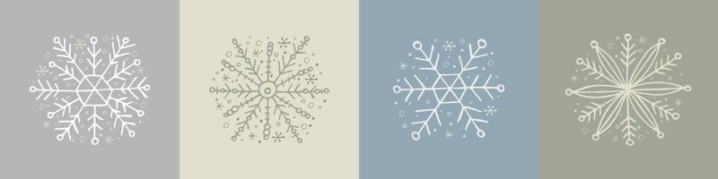 A set of hand-drawn snowflakes. Vector illustration in doodle style. Winter mood. Hello 2023. Merry Christmas and Happy New Year. White and gray elements on a gray background.