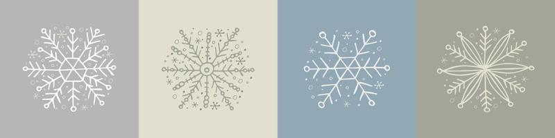 un conjunto de copos de nieve dibujados a mano. ilustración vectorial en estilo garabato. estado de ánimo de invierno. hola 2023. feliz navidad y próspero año nuevo. elementos blancos y grises sobre un fondo gris. vector