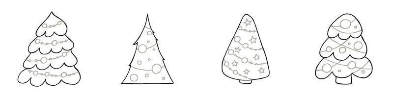 A set of hand-drawn christmas trees. Vector illustration in doodle style. Winter mood. Hello 2023. Merry Christmas and Happy New Year. Black and gray elements on a white background.