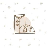 A hand-drawn winter clothing. Vector illustration in doodle style. Winter mood. Hello 2023. Merry Christmas and Happy New Year. Brown boot with ornament on a white background with snowflakes.