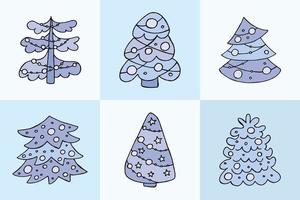 A hand-drawn christmas tree. Vector illustration in doodle style. Winter mood. Hello 2023. Merry Christmas and Happy New Year. Blue trees with a toys on a blue background.