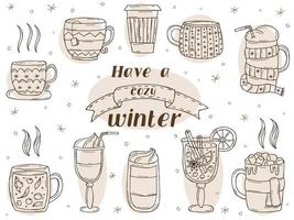 conjunto de bebidas cálidas de invierno sobre un fondo blanco. ilustración vectorial en estilo garabato. estado de ánimo de invierno. hola 2023. feliz navidad y próspero año nuevo.