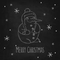 Cute snowman with snowflakes on a black chalk board. Vector illustration in doodle style. Winter mood. Hello 2023. Merry Christmas and Happy New Year.