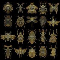 A collection of golden beetles in a linear style. Linear vector illustration