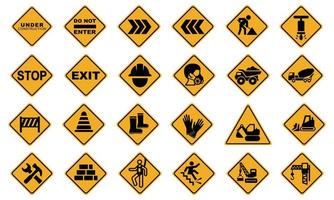 Set of Construction signs. warnings, safety procedures, wear a safety helmets, no entry to unauthorized personnel, safety helmets, boots, safety harness, gloves must be worn at all times, etc vector
