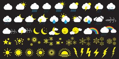 Set of weather conditions icons in cartoon style. Suitable for web design elements. Clouds, sunny day, moon, snowflakes, wind, sun day, rainbow, etc. Vector illustration.