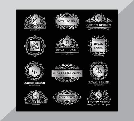 Set of silver luxury labels with flourishes and monograms ornate decorations