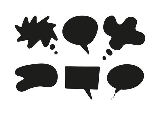 Speech, thought, speaking hand drawn text bubbles set. Talk clouds sketching. Doodle balloon shape. Drawn with a brush-pen in sketch style. Blank empty black speech bubble. Clouds. Stickers for tasks