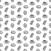 Vector hand drawn seamless pattern with different sweet icons isolated on white background. Doodle donut, cake, cupcake, chocolate wrap in line art style for a cafe decor. Adult and kids coloring page