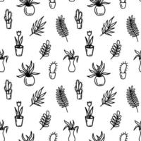 Abstract flower seamless pattern with leaves and dots. Doodle cute black and white background. Summer monochrome simple print. Hand drawn flowers in pots. Black and white wallpaper, cactus, tulip