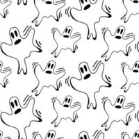 Vector halloween ghost seamless pattern isolated on white background. Funny, cute illustration for seasonal design, textile, decoration kids playroom or greeting card. Hand drawn prints and doodle.