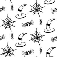 Vector halloween witch hat, candies, cobweb seamless pattern isolated on white background. Cute illustration for seasonal design, textile, decoration kids playroom or greeting card. Hand drawn doodle.