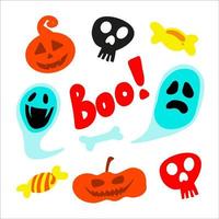 Halloween set of  doodle clipart. Funny, cute illustration for seasonal design, textile, decoration kids playroom or greeting card. Hand drawn prints and color halloween elements for celebration.