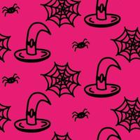 Vector halloween seamless pattern of witch hat, spider, cobweb. Funny, cute illustration for seasonal design, textile, decoration kids playroom or greeting card. Hand drawn prints and doodle.