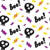 Halloween doodle festive seamless pattern. Vector hand drawn endless background with pumpkins, skulls, bats, spiders, ghosts, bones, candies, spider web and speech bubble with boo. Trick or treat.