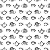 Vector hand drawn seamless pattern with different kitchen icons on white background. Doodle cup, mug, teapot, coffee pot, cake wrap in line art style for a cafe decor. Adult and kids coloring page