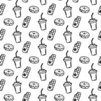 Vector hand drawn seamless pattern with chocolate bar, donut, drink with straw icons on white background. Doodle chocolate, drink, donut wrap in line art style. Adult and kids coloring page