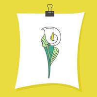 A calla flower is drawn on a piece of paper and attached to a yellow wall. Lily on a white background. Vector isolated image