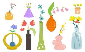 Multi-colored flowers in beautiful vases. Vector set consists of nine isolated elements.