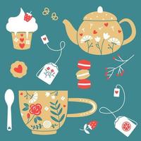 Drinking with love. Natural herbal tea with biscuits, ice cream and berries. The teapot and cup are decorated with flowers and leaves. vector