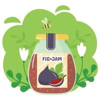 A jar of fig jam on a green background. In the background are white flowers, leaves and a bee. Vector isolated image.