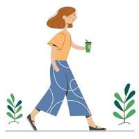 A woman in wide blue trousers is walking with a cup of coffee. Isolated vector image on a white background.