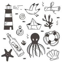 Sea life vector hand drawn doodles. Doodle set. Icons in line-art style. Line drawing by hand. Isolated vector illustration.