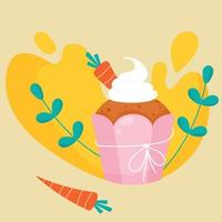 Carrot cupcake with cream on the background of splashes and foliage. Vector isolated image