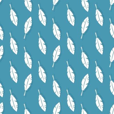White feathers on a blue background. Seamless pattern. Isolated vector image. Background texture.