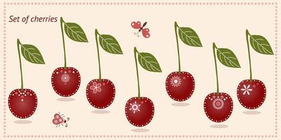 Set of red cherries decorated with various small white dots and small flower. Each cherry is drawn with stem and one leaf. Isolated vector illustration.