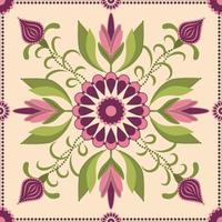patrón arabesco de mosaico cuadrado con flor rosa y capullos con hojas verdes sobre fondo beige. vector