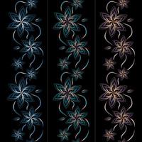 Set of delicate borders of lacy flowers made of thin lines on a black background. vector