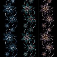 Set of delicate borders of lacy flowers made of thin lines on a black background. vector