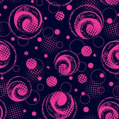 Abstract seamless pattern with round grunge paint brush stroke. Pink circles on dark blue background. Modern grunge texture with halftone. Perfect for sportswear, sporting goods
