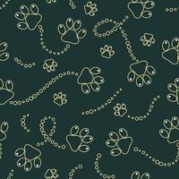 Green seamless vector pattern with yellow contour paw prints, wavy bubble lines. Big and small footprints.