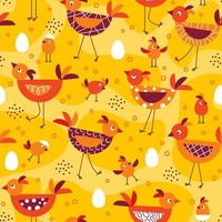 Seamless pattern with cute cartoon birds, chicks on thin legs, eggs, dots. Background with bright yellow spots. Simple geometric style. Vector design elements. Good for kid fabric, textile.